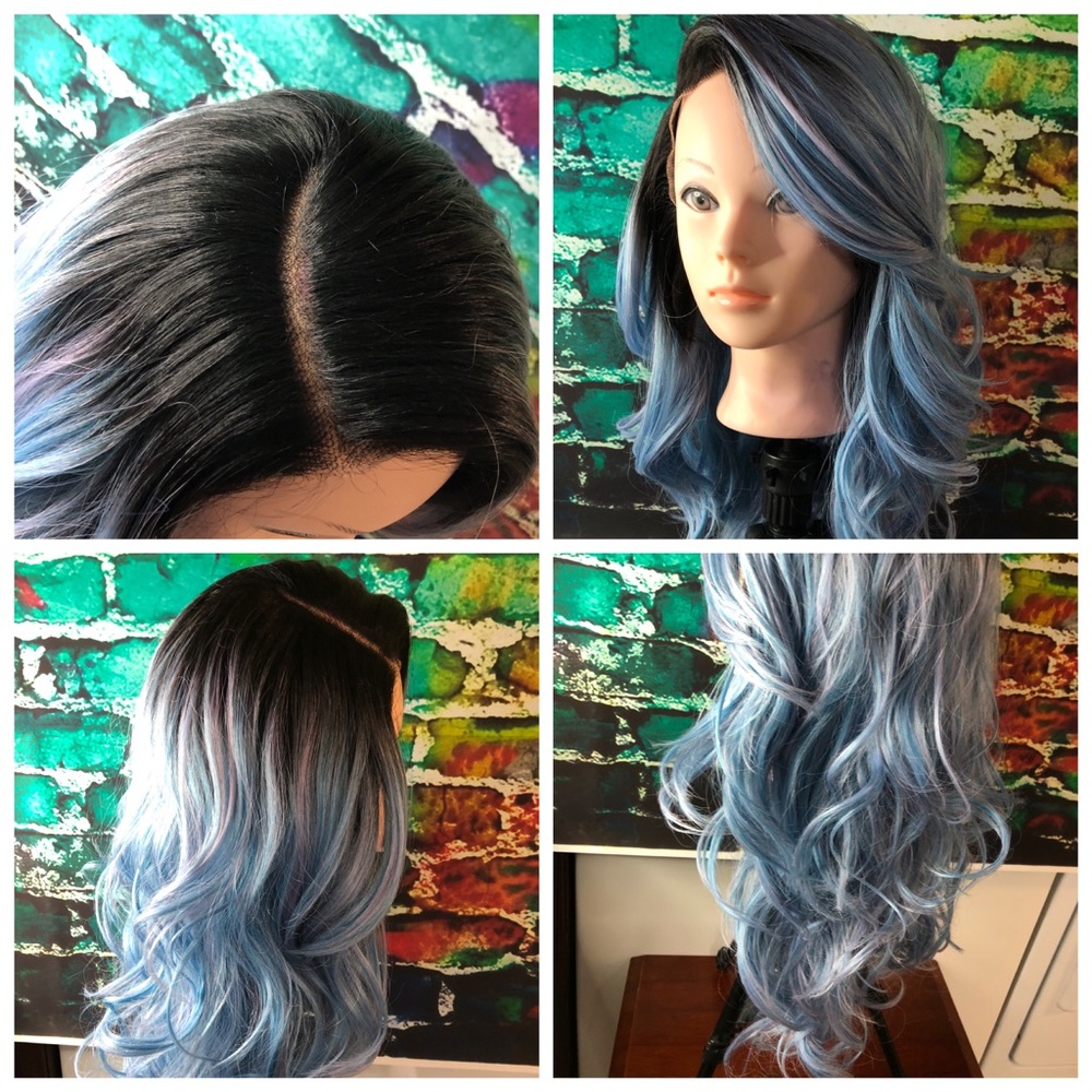 Side part curly blue pink highlight wig